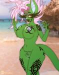 amber_eyes beach big_breasts breasts curvy_figure female fur green_body green_fur hair hair_dye hourglass_figure looking_at_viewer makeup mohawk pink_hair presenting puffy_lips seaside solo standing tattoo thigh_up wide_hips vrabo petrabyte_incast domestic_cat felid feline felis hybrid kangaroo macropod mammal marsupial absurd_res hi_res