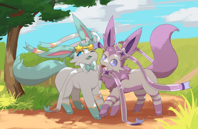alternate_color ambiguous_gender big_tail black_nose blep cheek_tuft cloud countershade_torso countershading day duo facial_tuft feral fluffy fluffy_ears fluffy_mane fluffy_tail fur grass inner_ear_fluff leg_markings long_ears looking_at_another mane markings multicolored_body multicolored_fur nature one_eye_closed open_mouth outside pink_inner_ear plant pupils purple_body purple_ears purple_eyes purple_fur purple_inner_ear_fluff purple_mane purple_paws purple_sclera purple_tail quadruped ribbons_(anatomy) silly sparkles standing star_(marking) star_sunglasses striped_body striped_legs stripes tail teal_body teal_ears teal_fur teal_paws tongue tongue_out tree tuft two_tone_body two_tone_fur white_body white_fur white_pupils vbrie nintendo pokemon phaelin_(phaelin) sorbet_(rainbells) eeveelution generation_6_pokemon pokemon_(species) sylveon 2026 absurd_res digital_media_(artwork) hi_res