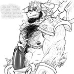 1:1 anthro arm_hair armor axe beard big_penis body_hair bovid bovine cattle chest_hair dialogue erection facial_hair genitals harness looking_at_viewer male mammal melee_weapon monochrome penis penis_poking_out simonsbathtub sketch solo story story_in_description weapon