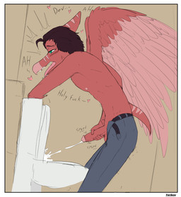 anthro areola balls bent_over blush bodily_fluids bone_frill border bottomwear brown_hair clothed clothing cum cum_on_toilet cumshot dialogue ejaculation erection eyebrows fantasizing feathered_wings feathers fingers frill_(anatomy) genital_fluids genitals glans green_eyes hair half-closed_eyes heart_symbol holding_penis humanoid_genitalia humanoid_hands humanoid_penis looking_pleasured male markings masturbation narrowed_eyes nipples non-mammal_nipples open_bottomwear open_clothing open_pants pants penile penile_masturbation penis pink_glans projectile_cum raised_inner_eyebrows red_balls red_body red_feathers red_penis short_hair short_tail side_view slim slim_anthro slim_male solo standing striped_markings stripes tail text toilet tongue tongue_out topless topless_anthro topless_male white_border wings yeik_art devlog:_a_post-modern_college_experience theo_(devlog) hybrid prehistoric_species pterosaur reptile scalie artist_name colored english_text hi_res sketch