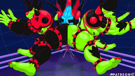 abs anthro athletic athletic_anthro athletic_male between_butts big_muscles big_pecs black_hair black_nose blue_body bulge butt_crush butt_slam clothing collar defeated defeated_hero eyebrows fighting_ring flying_peach green_body green_nipples green_skin grin group hair hand_on_hip head_between_butts looking_at_viewer looking_up male male/male muscular muscular_humanoid muscular_male nipples parody pecs pompadour red_eyes red_nose sharp_teeth simultaneous smile smiling_at_viewer smug spandex spiked_collar spikes teeth text thick_eyebrows tight_clothing trio wrestling yellow_sclera pizzaozzy capcom kings_of_hell street_fighter jr._(kings_of_hell) lutin_lucifer split_(kings_of_hell) canid canine canis demon domestic_dog humanoid mammal hi_res brother_(lore) brothers_(lore) incest_(lore) sibling_(lore) twincest_(lore) twins_(lore)