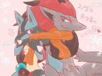 ambiguous_gender anthro blue_eyes blush duo red_eyes scarf simple_background caraluca nintendo pokemon fan_character canid canine generation_4_pokemon generation_5_pokemon lucario mammal pokemon_(species) zoroark hi_res