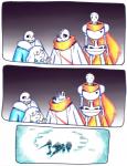 aftertale animated_skeleton blood bodily_fluids bone comic frisk_(undertale) group hand_holding human humanoid loverofpiggies mammal not_furry papyrus_(undertale) sans_(undertale) simple_background skeleton smile undead undertale undertale_(series)