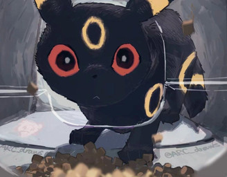 :< ambiguous_gender black_body black_eyes black_fur black_nose cat_food circle_(marking) close-up daww feral food fur fur_markings looking_at_viewer markings multicolored_body multicolored_fur o_o pet_food red_sclera solo stare sticker tail text yellow_body yellow_fur arc_draws mr._fresh nintendo pokemon clefairy eeveelution generation_1_pokemon generation_2_pokemon pokemon_(species) umbreon 2025 artist_name digital_media_(artwork) meme