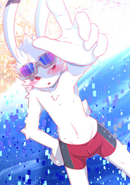 anthro blush bottomwear clothing embarrassed eyewear eyewear_on_head fur glasses glasses_on_head male navel nipples red_bottomwear red_clothing red_eyes red_shorts sea serious shorts solo swimwear water white_body white_fur ahirulion summer_wars king_kazma lagomorph leporid mammal rabbit 2025 hi_res japanese_description