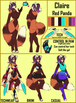 anthro black_bottomwear black_clothing black_shorts black_skirt blue_pawpads bottomwear bra breasts brown_body brown_fur clothed clothed_anthro clothed_female clothing collar collar_only digitigrade dress featureless_breasts featureless_crotch female fluffy fluffy_tail fur gloves hair handwear multicolored_body multicolored_fur nude nude_anthro nude_female orange-fur orange_eyes pawpads purple_clothing purple_gloves purple_hair purple_handwear purple_knee_highs shorts skirt solo streetwear tail tan_body tan_fur techwear text underwear koekoek claire_(koekoek) ailurid mammal red_panda 2026 english_text hi_res model_sheet