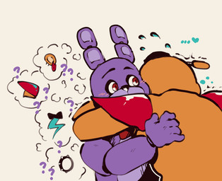 anthro blush blush_lines bodily_fluids bow_tie bracelet brown_body confusion crying duo ear_piercing hands_behind_back heart_symbol hug jewelry machine male metallic_body piercing purple_body question_mark shoulder_pads simple_background studded_bracelet studded_jewelry studs tears thought_bubble calemonssi five_nights_at_freddy's five_nights_at_freddy's:_security_breach scottgames steel_wool_studios bonnie_(fnaf) glamrock_freddy animatronic bear lagomorph leporid mammal rabbit robot 2022 absurd_res hi_res