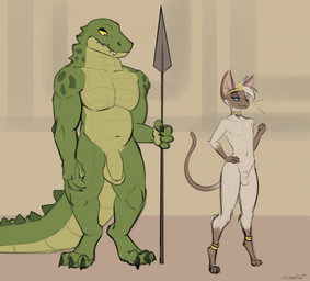 accessory animal_genitalia anklet anthro balls biped black_eyes blue_sclera casual_nudity choker circlet claws clothed clothing digitigrade duo egyptian featureless_chest flaccid foreskin front_view fully_sheathed genitals gloves_(marking) green_body guard holding_melee_weapon holding_object holding_polearm holding_spear holding_weapon jewelry jewelry_only larger_male leg_markings looking_away male markings melee_weapon musclegut muscular narrowed_eyes necklace nude nude_anthro nude_male penis penis_size_difference polearm pose public public_nudity royalty sheath size_difference smaller_male snaggle_teeth socks_(marking) spear standing tan_body toe_claws topless unretracted_foreskin weapon yellow_sclera schmutzo ammot_(schmutzo) rami_(schmutzo) crocodile crocodilian domestic_cat felid feline felis mammal reptile scalie siamese_cat 2023 hi_res
