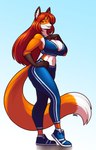 anthro athletic athletic_anthro athletic_female athletic_wear bedroom_eyes bent_leg big_breasts bottomwear bra breasts cleavage clothed clothing dipstick_tail female footwear fully_clothed fur hair hand_on_chest hand_on_hip looking_at_viewer markings midriff narrowed_eyes navel pants pose red_hair seductive shoes side_view smile sneakers solo sports_bra tail tail_markings tight_clothing underwear yellow_eyes yoga_pants blazbaros aeril_(helios) canid canine fox mammal red_fox true_fox 2021 9:14 digital_drawing_(artwork) digital_media_(artwork) full-length_portrait hi_res portrait