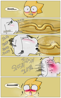 anthro big_penis bite biting_lip blush bodily_fluids deep_throat dialogue duo eyewear fellatio femboy front_view genitals glasses green_eyes gynomorph hard_sucking herm huge_penis hyper intersex intersex/male male male_penetrated moan open_mouth oral oral_penetration penetration penile penis sex side_view speech_bubble submissive submissive_male sweat text tongue tongue_out vein veiny_penis draneko132 deltarune undertale undertale_(series) alphys asriel_dreemurr bovid caprine goat lizard mammal reptile scalie 5:8 comic english_text hi_res