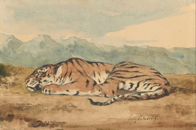 ambiguous_feral ambiguous_gender claws detailed_background feral finger_claws lying markings mountain on_front outside quadruped resting side_view sky solo striped_body striped_markings striped_tail stripes tail tail_markings whiskers yellow_sclera eugene_delacroix public_domain felid mammal pantherine tiger 19th_century absurd_res ancient_art formal_art graphite_(artwork) hi_res painting_(artwork) signature traditional_media_(artwork) traditional_painting_(artwork) traditional_watercolor_(artwork) warm_colors watercolor_(artwork)
