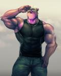 anthro biceps big_muscles black_clothing black_shirt black_tank_top black_topwear blue_bottomwear blue_clothing blue_jeans blue_pants bottomwear bracelet clothed clothing denim denim_bottomwear denim_clothing fur gesture hair hand_on_head jeans jewelry male muscular muscular_anthro muscular_male pants pecs pockets purple_body purple_fur salute shirt solo tank_top thumb_in_pocket topwear white_hair yellow_eyes kuron nate_(kuron) bear mammal ursine 2018 4:5