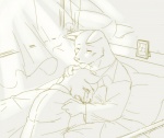 4_fingers anthro bed bodily_fluids clothed clothing collarbone crying curtains duo eyes_closed fingers fur furniture hug inside male on_bed open_mouth pillow shirt tears topwear under_covers window senpuuki-chan canid canine canis domestic_dog mammal monochrome