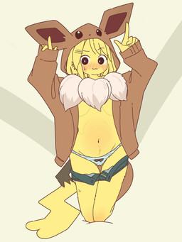 abstract_background alternate_species blonde_hair blue_clothing blue_panties blue_underwear blush blush_stickers bodily_fluids bottomwear bottomwear_down bow_panties bow_underwear breasts camel_toe chest_tuft cleft_tail clothed clothed_female clothing costume embarrassed female fur genitals gesture hair hand_gesture humanoidized innie_vulva kemono kigurumi kneeling onesie panties pants pants_down partially_clothed pattern_bottomwear pattern_clothing pattern_panties pattern_underwear pointing pointing_up pokemon_costume pokemorph shorts smile solo striped_bottomwear striped_clothing striped_panties striped_underwear stripes sweat tail topless tuft under_boob underwear vulva yellow_body yellow_fur mikeyama nintendo pokemon eevee generation_1_pokemon humanoid mammal pikachu pokemon_(species) rodent 3:4 hi_res