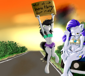 anthro car cutie_mark duo feathered_wings feathers female gesture hair hand_gesture hitchhiking long_hair on_hood outside sign sunset thumbs_up vehicle wings frist44 hasbro my_little_pony mythology fan_character equid equine mammal mythological_creature mythological_equine pegasus