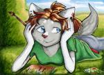 anthro artist blue_eyes clothed clothing creating_art drawing ear_piercing female fur hair lying markers multicolored_body multicolored_fur nature on_front piercing sky smile solo two_tone_body two_tone_fur wunderknodel lin domestic_cat felid feline felis mammal 2017 traditional_media_(artwork)