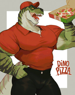 anthro anthrofied black_bottomwear black_clothing black_pants bottomwear claws clothed clothing delivery_(commerce) food food_delivery green_body hat headgear headwear looking_at_viewer male muscular muscular_anthro muscular_male pants pecs pizza pizza_delivery red_clothing red_shirt red_topwear sharp_teeth shirt simple_background solo tail teeth tongue tongue_out topwear k0bit0wani dinosaur prehistoric_species reptile saurischian scalie theropod tyrannosaurid tyrannosauroid tyrannosaurus tyrannosaurus_rex absurd_res hi_res