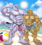 4_toes 5_fingers 5_toes abs anthro ball barazoku beach beach_ball biceps big_muscles biped black_eyebrows black_nose blue_bottomwear blue_clothing blue_shorts bottomwear bulge claws clothed clothed_anthro clothed_male clothing cloud day deltoids detailed_bulge dipstick_ears duo ear_markings eye_contact eyebrows eyewear feet finger_claws fingerpads fingers flexing flexing_bicep floppy_ears front_view fur genital_outline glasses hair hand_on_another's_shoulder hand_on_shoulder humanoid_hands inflatable jockstrap jockstrap_only looking_at_another male male/male manly markings monotone_body monotone_fur multicolored_body multicolored_ears multicolored_fur muscular muscular_anthro muscular_male navel nipples open_bottomwear open_clothing open_mouth open_pants outside pants pawpads pecs penis_outline pink_nipples plantigrade purple_body purple_fur purple_stripes quads red_clothing red_eyes red_jockstrap red_underwear sand seaside shorts sky smile smiling_at_another standing striped_body striped_fur striped_markings striped_tail stripes sun tail tail_markings teeth toe_claws toes topless topless_anthro topless_male triceps two_tone_body two_tone_fur underwear underwear_only vein veiny_muscles water wearing_glasses white_body white_claws white_finger_claws white_fur white_toe_claws yellow_body yellow_fur arley_dog alexander_(delphinian) arley_(arleydog) bird_dog canid canine canis domestic_dog felid golden_retriever hunting_dog mammal pantherine retriever tiger 2021 digital_drawing_(artwork) digital_media_(artwork) hi_res shaded signature