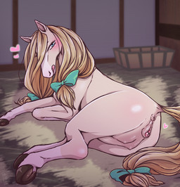 accessory animal_genitalia animal_vulva anus blonde_hair blue_eyes blush bow_(feature) bow_accessory bow_ribbon clitoral_winking clitoris equine_anus equine_genitalia equine_vulva female feral furgonomics genitals hair hair_accessory hair_bow hair_ribbon heart_symbol hooves licking licking_lips licking_own_lips lying nipples nude presenting presenting_anus presenting_teats presenting_vulva puffy_anus ribbons self_lick solo tail tail_accessory tail_bow tail_ribbon teats tongue tongue_out toony vulva negoya equid equine horse mammal 2018