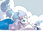 ambiguous_gender anthro blue_eyes blue_hair blush blush_lines exclamation_point eyelashes fangs gem hair lying on_front open_mouth pearl_(gem) simple_background solo starfish_(accessory) tail teeth toy white_body sstoh nintendo pokemon asterozoan echinoderm generation_7_pokemon marine pokemon_(species) primarina starfish 2025