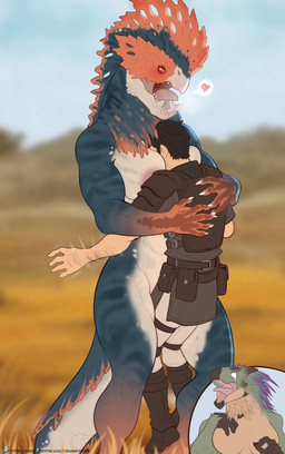 anthro areola blush breasts clothing female female_anthro green_body heart_symbol larger_anthro larger_female male male_human nude size_difference smaller_human smaller_male tail thick_tail quangdoann capcom monster_hunter bird_wyvern brute_wyvern human mammal quematrice scalie seikret absurd_res hi_res