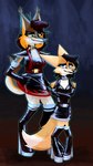 anthro armbinder bdsm binder_(restraint) blue_eyes blush bondage bondage_gear boots bottomwear bound clothing collar duo female footwear fur heterochromia latex latex_clothing makeup male restraints shoes skirt submissive submissive_male yellow_body yellow_fur mossky grajess canid canine felid feline fennec_fox fox hybrid mammal true_fox hi_res
