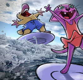 anthro brown_body clothing cloud day duo female male open_mouth outside photo_background purple_body smile standing surfing swimming_trunks swimwear tail stefan_fjeldmark platy_and_puss platy_(platy_and_puss) puss_(platy_and_puss) domestic_cat felid feline felis mammal monotreme platypus 2021 mixed_media photography_(artwork)