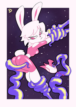 angry anthro big_butt blue_tentacles bodysuit border breasts bubble_butt butt butt_grab clothed clothed_anthro clothed_female clothing cotton_tail eyelashes female female_anthro fur hair hand_on_butt logo long_sleeves looking_back medium_breasts mouth_closed multicolored_bodysuit multicolored_clothing multicolored_skinsuit panty_lines pink_bodysuit pink_clothing pink_eyes pink_inner_ear pink_nose pink_pupils pink_skinsuit pupils ranged_weapon raygun restrained restrained_by_tentacles short_hair short_tail skinsuit small_waist solo space star tail tentacle_around_arm tentacle_around_leg tentacles tight_clothing two_tone_bodysuit two_tone_clothing two_tone_skinsuit weapon white_body white_bodysuit white_border white_clothing white_ears white_fur white_hair white_skinsuit white_tail roger_bacon pinku_(miscon) lagomorph leporid mammal rabbit 2025 absurd_res artist_logo hi_res