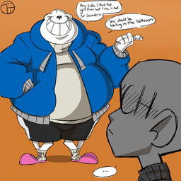 anterior_nasal_aperture belly big_belly blue_clothing blue_hoodie blue_topwear bone bottomwear bulge clothing dialogue duo ellipsis eyebrows gesture grin hand_gesture hand_in_pocket hoodie male not_furry orange_background overweight overweight_male pockets pointing raised_eyebrows shorts simple_background skeleton smile standing teeth text toony topwear white_body trashtoonz undertale undertale_(series) sans_(undertale) ych_(character) animated_skeleton humanoid undead 1:1 2020 english_text hi_res