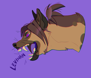 ambiguous_gender black_nose brown_hair cheek_tuft facial_tuft feral hair heart_eyes heart_symbol long_neck neck_tuft open_mouth purple_background sharp_teeth side_view simple_background solo tan_teeth teeth tuft unsigned justkiddinb hyena mammal monster