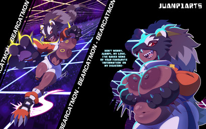 areola belly big_belly big_breasts bottomwear breasts claws clothing dark_body dark_skin duo female hair huge_breasts looking_at_viewer nipples open_mouth overweight overweight_female paws sharp_teeth slightly_chubby smile teeth text thick_thighs juanp1arts bandai_namco digimon digimon_beatbreak animal_humanoid bearcatmon digimon_(species) humanoid mammal mammal_humanoid procyonid procyonid_humanoid raccoon_humanoid 16:10 absurd_res english_text hi_res widescreen