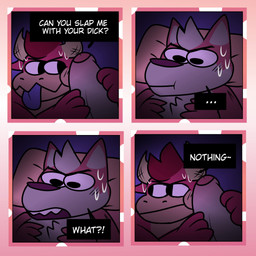 4_panel_comic anthro aroused bed bodily_fluids confusion dark dialogue duo embarrassed eye_contact foreskin furniture genitals holding_penis humor looking_at_another looking_away male male/male on_bed partially_retracted_foreskin penis penis_on_face requesting submissive submissive_male sweat sweatdrop text tongue tongue_out janjauwu jack_(janjauwu) sam_(janjauwu) bovid bovine canid canine canis cattle domestic_dog mammal 1:1 2021 colored comic english_text hi_res