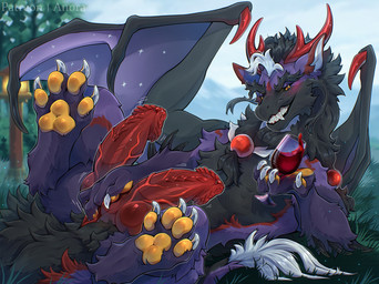 2_penises alcohol anal anal_fingering anal_masturbation animal_genitalia animal_penis beverage black_body black_fur black_sclera claws erection feral fingering fur genitals grass hemipenes horn knot male masturbation membrane_(anatomy) membranous_wings multi_genitalia multi_penis pawpads penis plant purple_body purple_fur red_body red_fur red_horn red_knot red_penis solo teeth white_body white_claws white_fur wine wings yellow_eyes yellow_pawpads anora_drakon mythology dragon furred_dragon furred_scalie mythological_creature mythological_scalie scalie hi_res