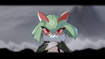 2_fingers black_clothing blurred_background clothed clothing fingers front_view fur_cloak fur_collar_jacket green_hair hair not_furry red_eyes solo white_body drunk_oak nintendo pokemon generation_3_pokemon humanoid kirlia pokemon_(species) 16:9 2022 hi_res widescreen