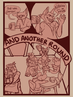 alcohol anthro beer beverage dialogue funny_face group humor male missing_tail party simple_background tavern text dungeonhound canid canine felid feline fox mammal mouse murid murine rodent suid suine sus_(pig) wild_boar 3:4 absurd_res comic english_text hi_res monochrome