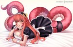 amber_eyes apode big_breasts breasts butt cleavage clothed clothing cuffs_(clothing) female garter_straps hair headpiece legless long_hair maid_headdress monster_girl_(genre) orange_hair pupils red_body red_scales scales serpentine slit_pupils solo split_form draltruist monster_musume miia_(monster_musume) draconcopode lamia reptile scalie snake hi_res