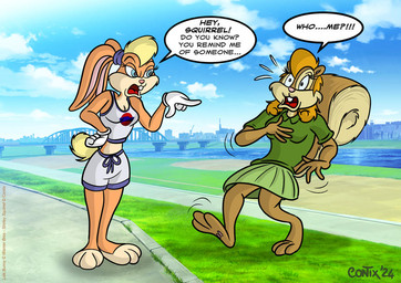 3_toes 4_fingers angry anthro barefoot black_eyes blonde_hair blue_eyes bottomwear city cityscape clothing duo feet female female/female fingers gesture gloves grass green_blouse green_bottomwear green_clothing green_skirt hair hand_gesture handwear midriff open_mouth pawpads pink_nose pittsburgh plant pointing pointing_at_another shocked skirt soles spread_fingers standing text toes tune_squad_outfit_(1996) white_clothing white_gloves white_handwear contix looney_tunes warner_brothers lola_bunny shirley_squirrel lagomorph leporid mammal rabbit rodent sciurid tree_squirrel 2024 english_text full-length_portrait portrait signature
