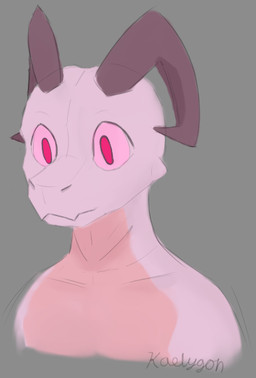 ambiguous_gender anthro curled_horn featureless_chest grey_background horn neutral_expression nude pink_body pink_sclera red_eyes simple_background solo three-quarter_view tiena lya_(jarnqk) kobold scalie 2023 bust_portrait colored_sketch digital_media_(artwork) portrait signature sketch female_(lore)