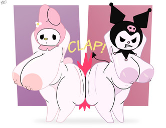 anthro areola ass_to_ass big_breasts big_butt breast_size_difference breasts butt duo female female/female huge_breasts hyper hyper_breasts onomatopoeia simple_background sound_effects spade_tail tail text killrabs hello_kitty_(series) onegai_my_melody sanrio kuromi my_melody demon lagomorph leporid mammal rabbit absurd_res hi_res