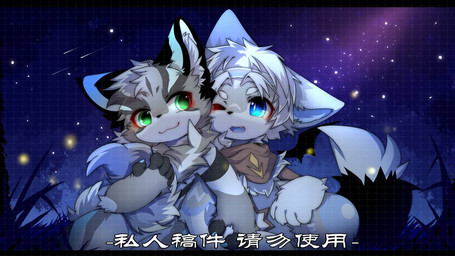 :3 anthro big_eyes black_body black_fur blue_eyes duo fur green_eyes grey_body grey_fur kemono male night nude_anthro nude_male one_eye_closed safe_nudity shooting_star sky slim_anthro slim_male star starry_sky white_body white_fur hlg7777 2022