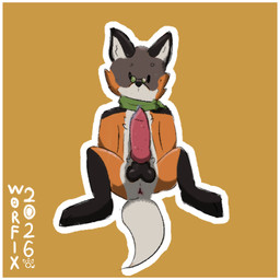 anthro big_penis border butt chibi eyewear genitals glasses male penis scarf simple_background simple_coloring solo sticker white_border worfix luy_(alchesmity) signature