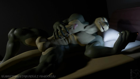 anthro balls bed bedroom big_balls big_penis breath electronics erection foreskin furniture genitals glans green_body green_scales half-closed_eyes humanoid_genitalia humanoid_penis inside looking_at_object looking_at_phone lying male masturbation muscular muscular_male narrowed_eyes non-mammal_balls non-mammal_foreskin nude on_side panting pecs penile penile_masturbation penis phone retracted_foreskin scales solo yellow_penis snekkuu kahliss python reptile scalie snake 16:9 2024 3d_(artwork) 3d_animation animated digital_media_(artwork) high_framerate loop no_sound short_playtime video widescreen