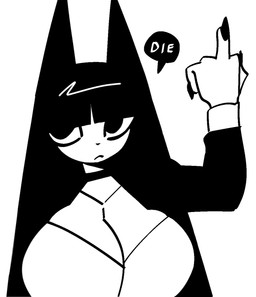 anthro bangs big_breasts black_hair bra breasts cleavage clothed clothing female gesture hair hand_gesture huge_breasts middle_finger simple_background solo text underwear white_background white_body white_bra white_clothing white_text white_underwear xarop77 witchcat_(xarop77) domestic_cat felid feline felis mammal 2025 black_and_white digital_drawing_(artwork) digital_media_(artwork) hi_res monochrome