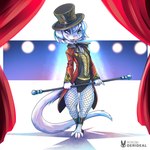 anthro claws clothing curtains domestic_ferret female fishnet_clothing fishnet_legwear hair hat headgear headwear hi_res kiaun legwear looking_at_viewer mammal mustelid musteline open_mouth open_smile smile solo tail thick_thighs top_hat true_musteline weasel