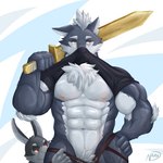 abs anthro biceps clothed clothing fur group holding_object male muscular muscular_anthro muscular_male nipples pecs practice_sword simple_background undressing weapon wooden_sword naruever nero_(naruever) zack_(naruever) canid canine canis lagomorph leporid mammal rabbit wolf 1:1 2020 signature