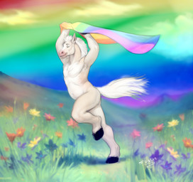 cloud cloudy_sky eyes_closed field_background flower fur hands_above_head hooves horse_tail lgbt_pride plant pride_color_flag pride_colors running sky white_body white_fur sunitai equid equine horse mammal hi_res