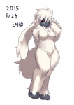 anthro anthrofied biped breasts digitigrade featureless_breasts featureless_crotch feet female fluffy hair hair_over_eye hand_on_head naturally_censored nude one_eye_obstructed paws pokemorph red_eyes simple_background solo standing white_background ni_jikan nintendo pokemon canid canine furfrou generation_6_pokemon mammal natural_furfrou pokemon_(species) 2015