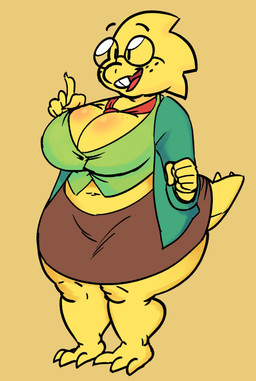 anthro barefoot beady_eyes belly big_breasts bottomwear breasts buckteeth clothed clothing curvy_figure eyewear feet female freckles gesture glasses hand_gesture huge_breasts jacket midriff navel necktie non-mammal_breasts open_mouth open_smile pointing pointing_up scales shirt simple_background skimpy skirt slightly_chubby slightly_chubby_anthro slightly_chubby_female smile solo spines standing tail tail_spines tail_under_skirt teeth thick_tail thick_thighs topwear voluptuous wide_hips yellow_body yellow_scales yellow_spines mrxharlequinn deltarune undertale undertale_(series) alphys lizard reptile scalie absurd_res hi_res