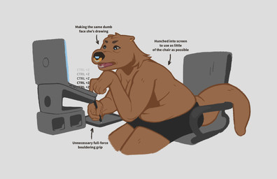 anthro bad_posture biped black_text bottomwear breasts brown_body chair cinder_block cleavage clothed clothing computer directional_arrow drawing_tablet electronics female furniture gold_ear_piercing gold_nose_ring holding_object holding_pen keyboard_shortcut laptop looking_at_computer looking_at_object office_chair open_mouth pen shorts shorts_only simple_background sitting slightly_chubby solo text topless typing white_background oystr otter_(oystr) mammal mustelid otter english_text hi_res