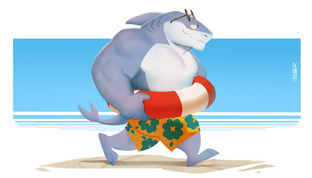 anthro clothed clothed_anthro clothed_male clothing male muscular muscular_anthro muscular_male pool_float solo topless topless_anthro topless_male ixkouu aquatic fish shark 2021 signature